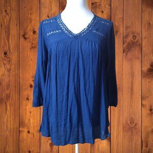 JOHN PAUL RICHARD WOMEN'S SMALL 3/4 SLEEVE PULLOVER BLUE BLOUSE CROCHET NEW